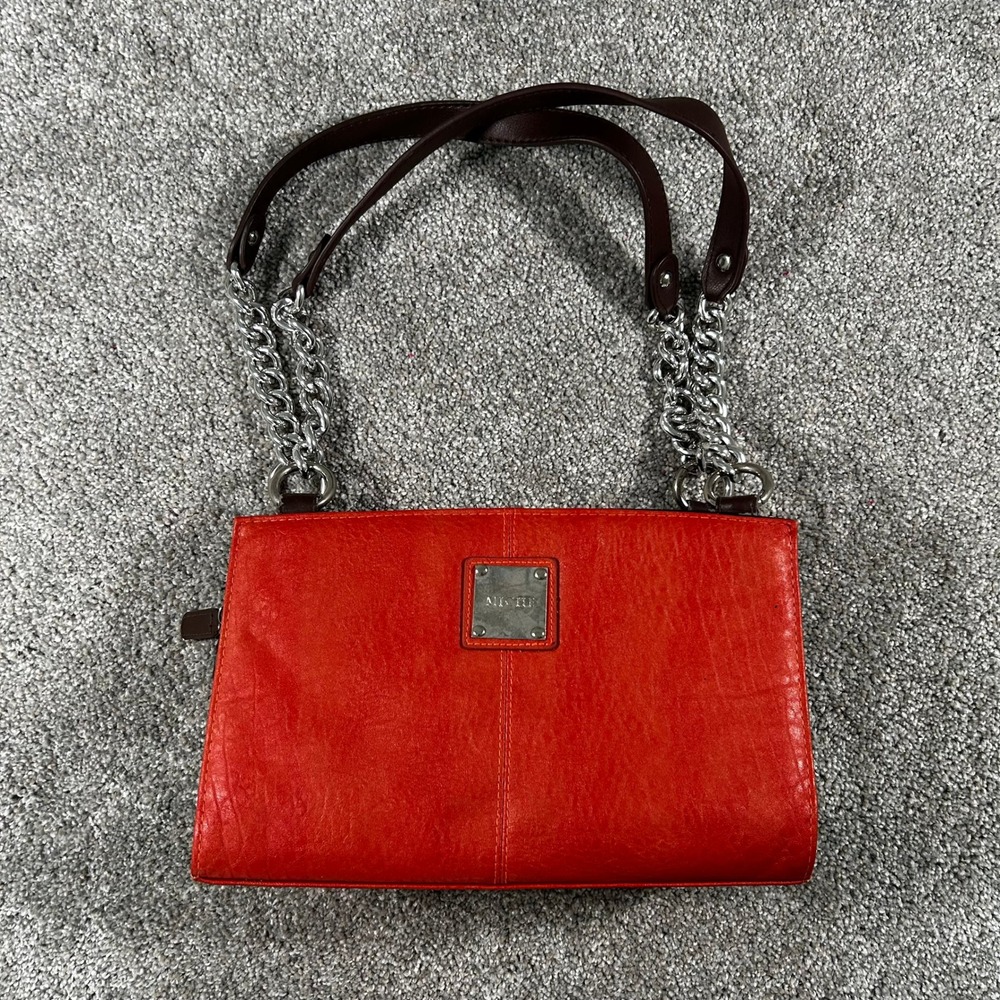 Miche Orange Textured Faux Leather Shoulder Bag with Silver Chain Straps